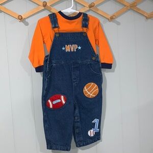 Vintage Baby Ur It Sports Patch Denim Overalls Shirt Set Size 18m